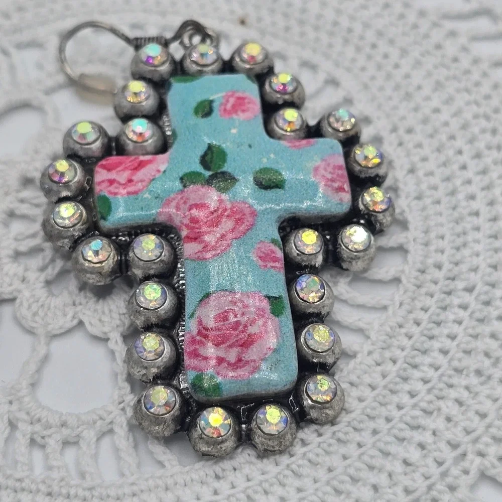 Blue Enamel Rose Floral Cross Earrings Rhinestones Silver tone Dangle 2